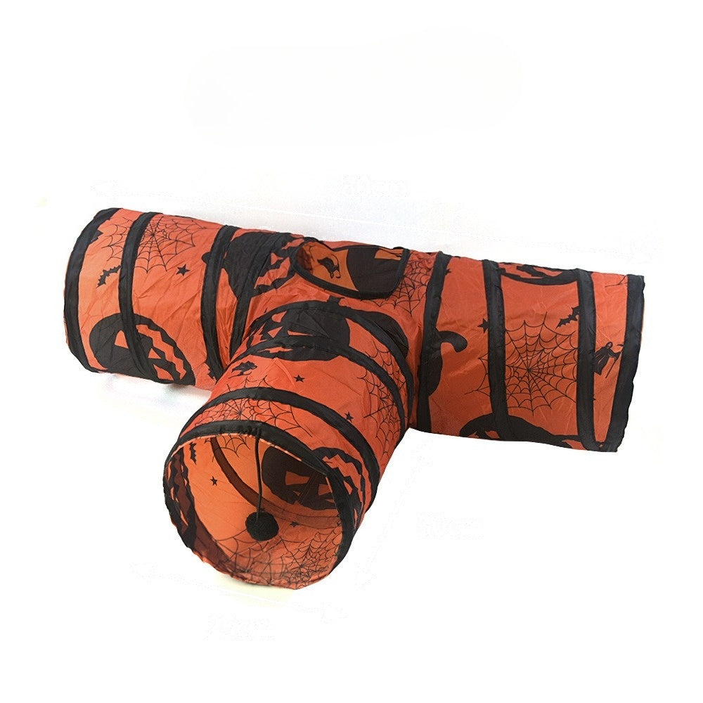 Orange Halloween cat tunnel in the T shape, printed with pumpkins and spider webs