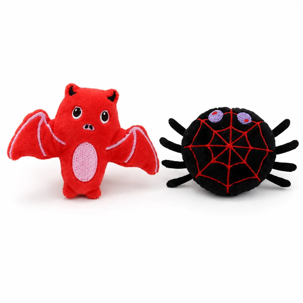 A red plush bat and a black plush spider with a red web, sold as a pair