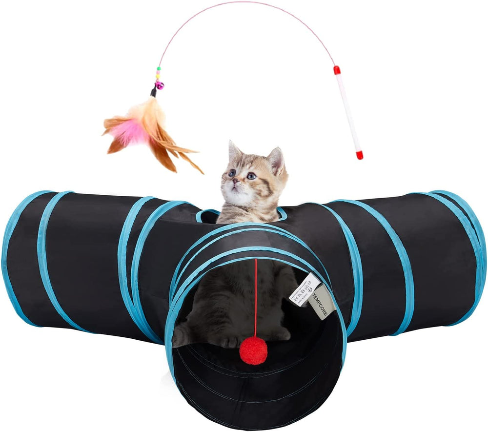 Cat Tunnel, 3-Way Collapsible Toy for Indoor Cats, Black & Blue