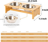 FOREYY Raised Pet Bowls for Cats and Small Dogs, Bamboo Elevated Dog Cat Food and Water Bowls Stand Feeder with 2 Stainless Steel Bowls and anti Slip Feet (4'' Tall-20 Oz Bowl)