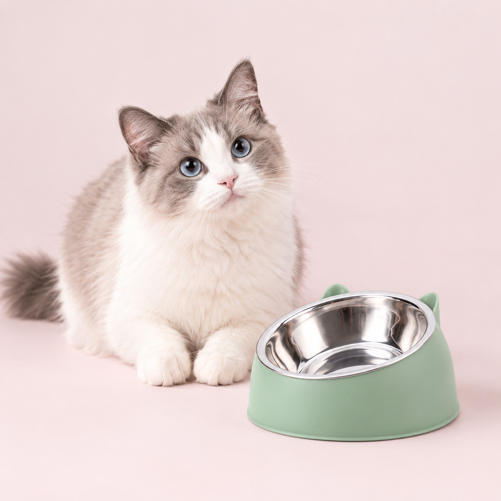Tilted Stainless Steel Cat Feeder