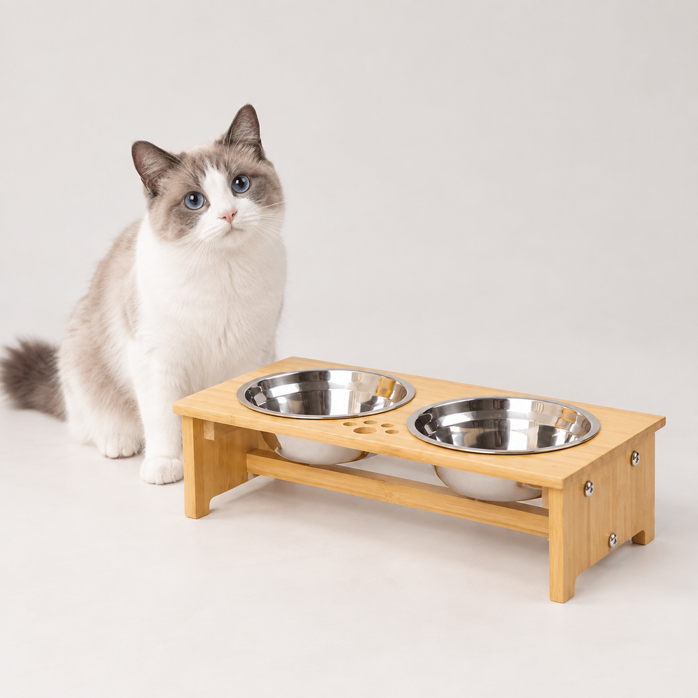 Bamboo Raised Bowl Stand with Steel Bowls