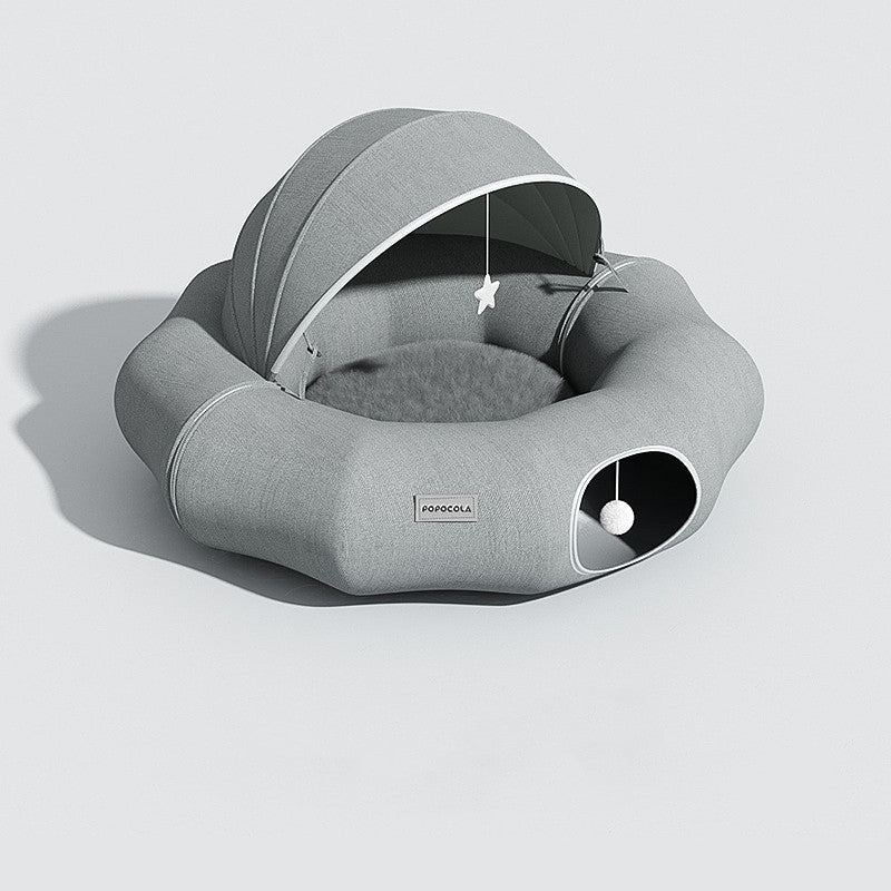 Round Cat Tunnel Nest Bed with Partial Cover and Summer Mat
