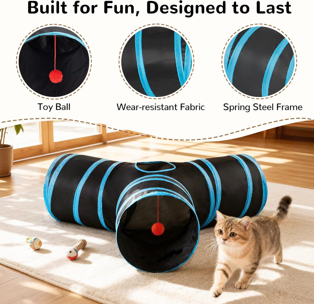 Cat Tunnel, 3-Way Collapsible Toy for Indoor Cats, Black & Blue