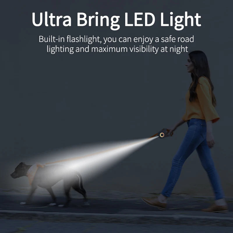 ROJECO 5M Automatic Retractable Dog Leash LED Luminous Leading Fashion Light Straps for Dog Puppy Pet Flexi Walking Running Lead