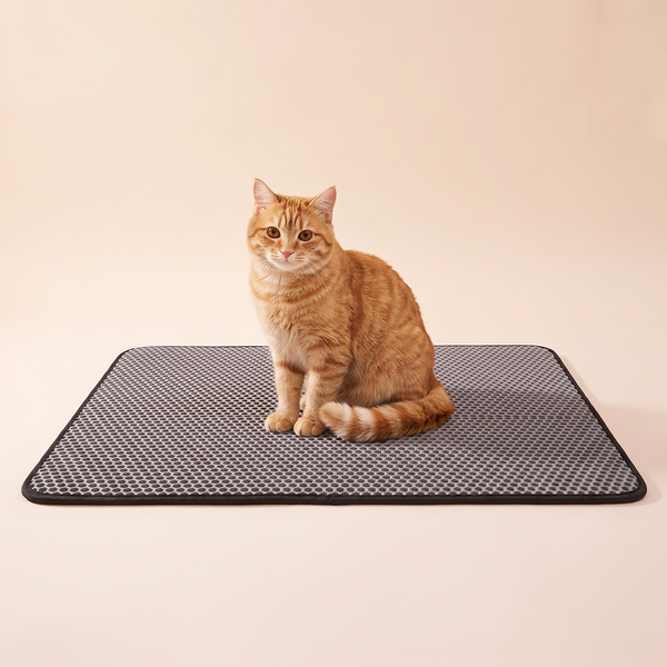 Cat Litter Mat Large studio image with cat, warm beige tone
