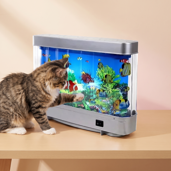 Cat TV Aquarium Lamp studio image with cat, warm beige tone