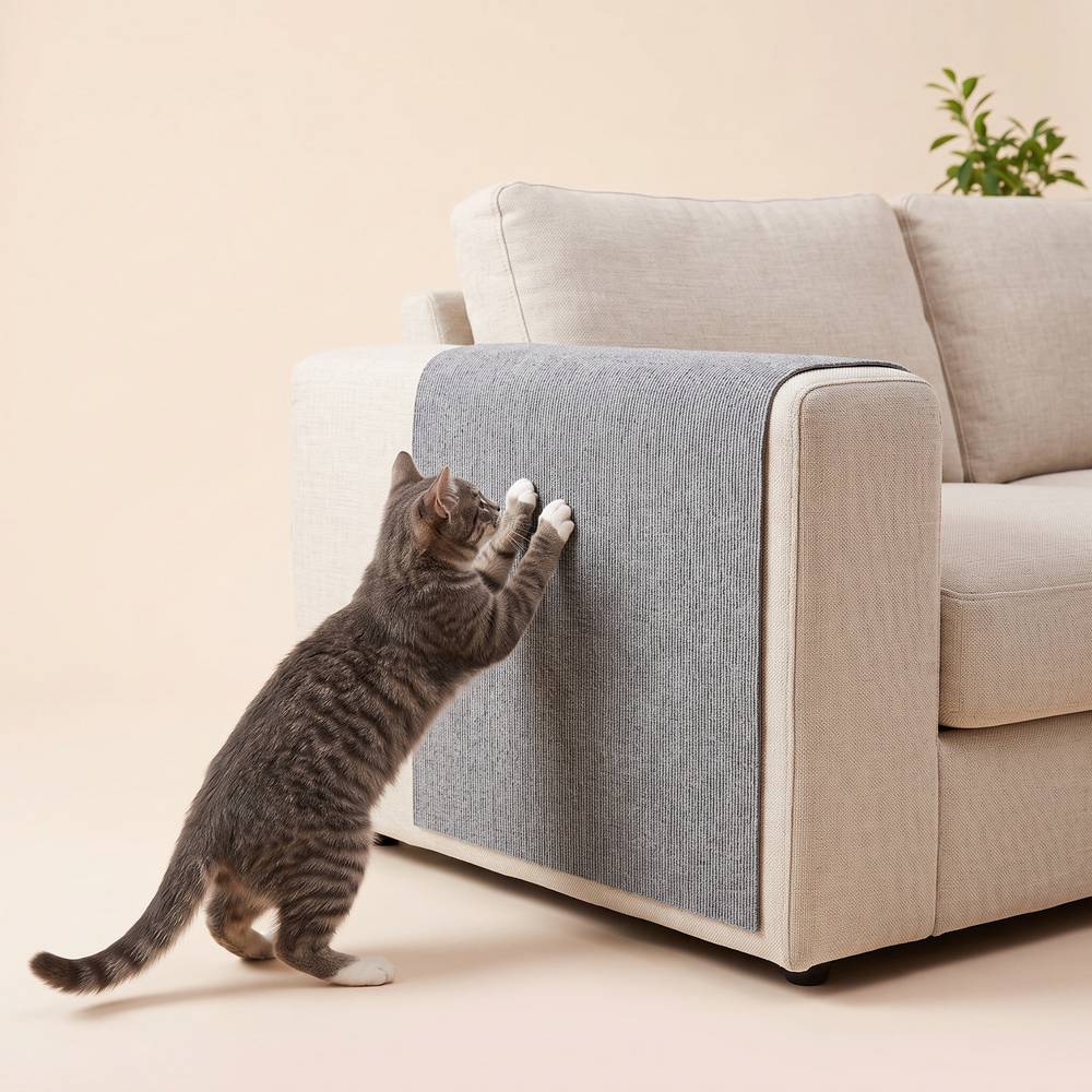 Cat Scratching Mat studio image with cat, warm beige tone
