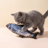 Electric Jumping Fish Toy studio image with cat, warm beige tone