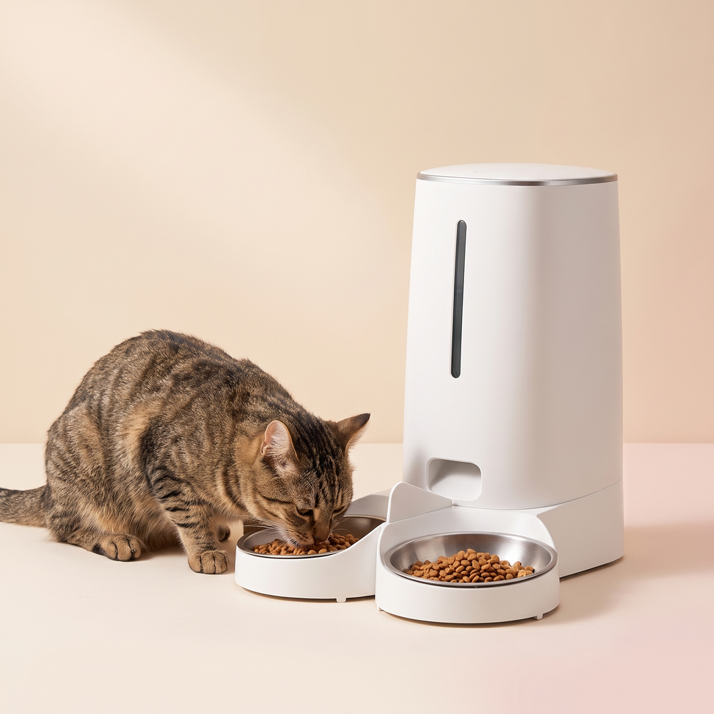 WiFi Automatic Cat Feeder for 2 Cats studio image with cat, warm beige tone