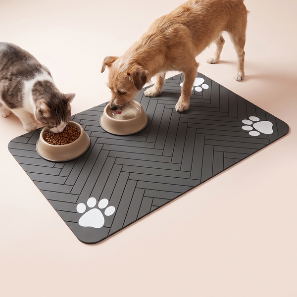 Pet Feeding Mat studio image with cat and dog, warm beige tone