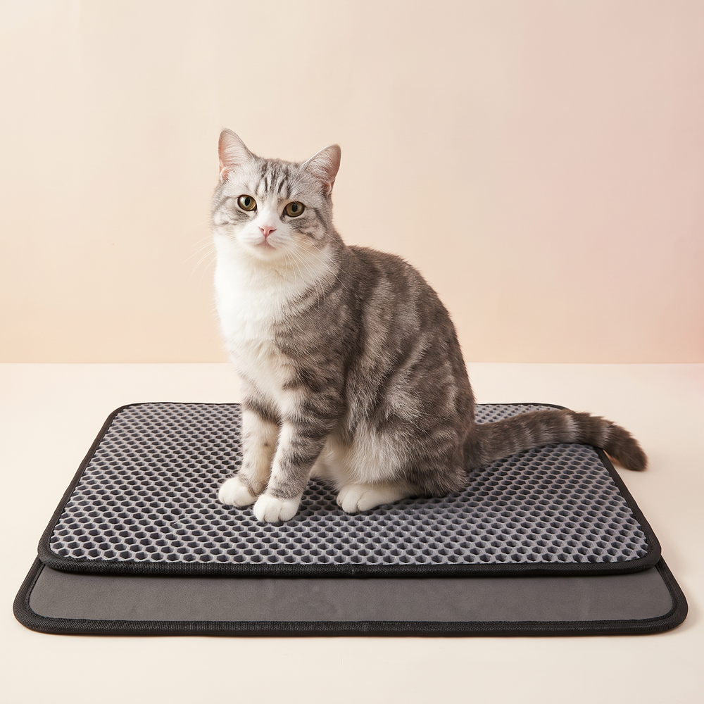 EVA Double-Layer Solid Color Cat Litter Mat studio image with cat, warm beige tone
