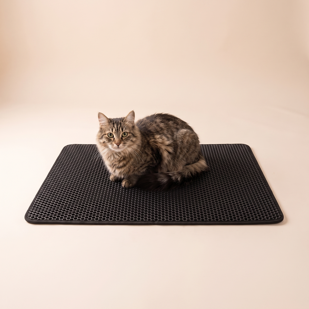 EVA Litter Mat Waterproof Cat Toilet Pad studio image with cat, warm beige tone