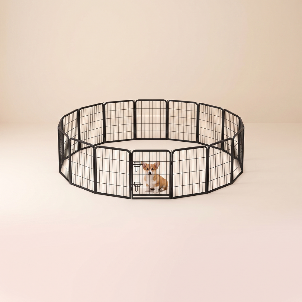 Foldable Dog Playpen studio image with dog, warm beige tone