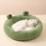 Frog Cat Bed House studio image with cat, warm beige tone