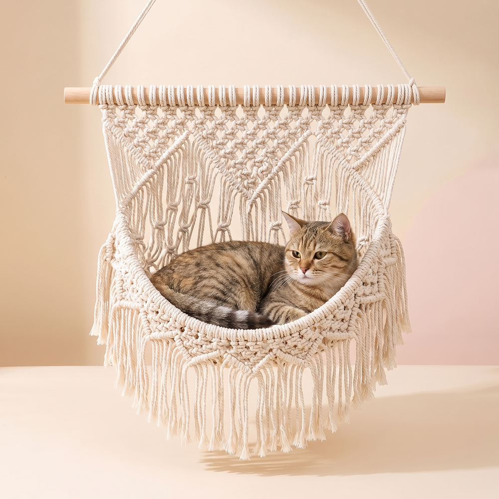 Macrame Cat Hammock Swing Bed studio image with cat, warm beige tone