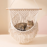 Macrame Cat Hammock Swing Bed studio image with cat, warm beige tone
