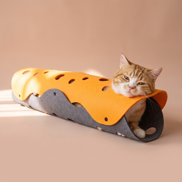 Felt Cat Tunnel Mat studio image with cat, cozy natural lifestyle shot