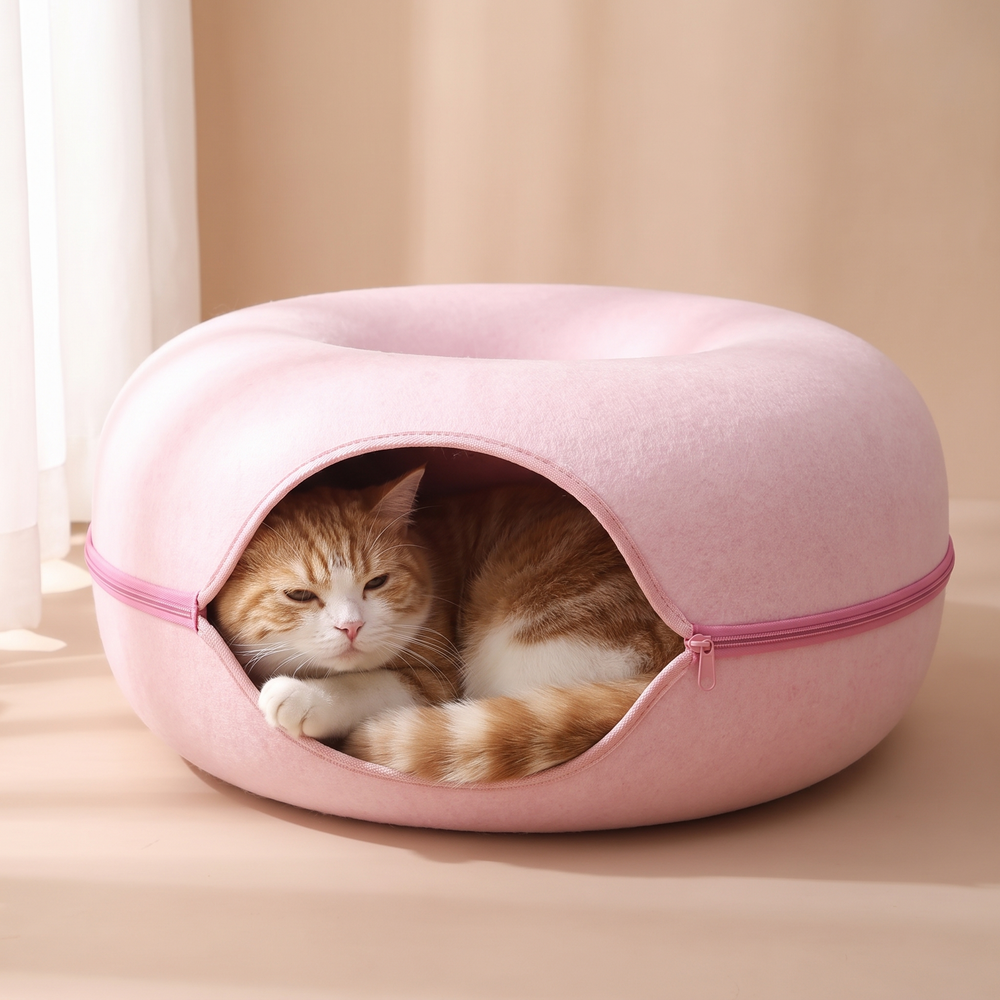 Donut-Shaped Wool Felt Cat Tunnel Bed studio image with cat, cozy natural lifestyle shot