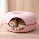 Donut-Shaped Wool Felt Cat Tunnel Bed studio image with cat, cozy natural lifestyle shot