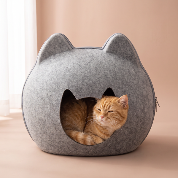 Four-Season Universal Felt Cat House studio image with cat, cozy natural lifestyle shot