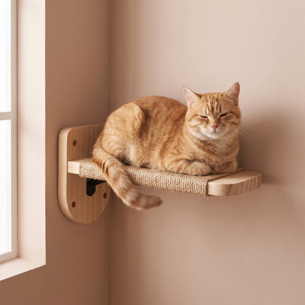 Wall-Mounted Cat Shelf with Sisal Post and Hammock studio image with cat, cozy natural lifestyle shot