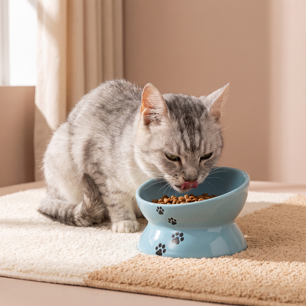 Tilted Ceramic Cat Bowl Lake Blue studio image with cat, warm natural lifestyle shot