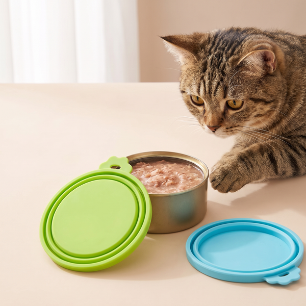 Silicone Cat Food Can Lids Blue Green 2-Pack studio image with cat, lid in use on can