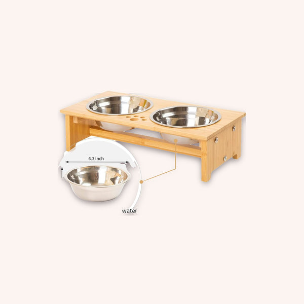 Bamboo raised bowl stand with steel bowls - momomoca