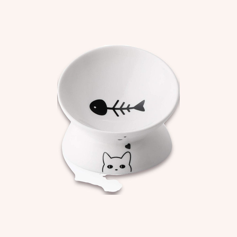 Slanted porcelain cat bowl, white - momomoca