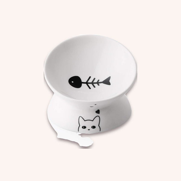 Slanted porcelain cat bowl, white - momomoca