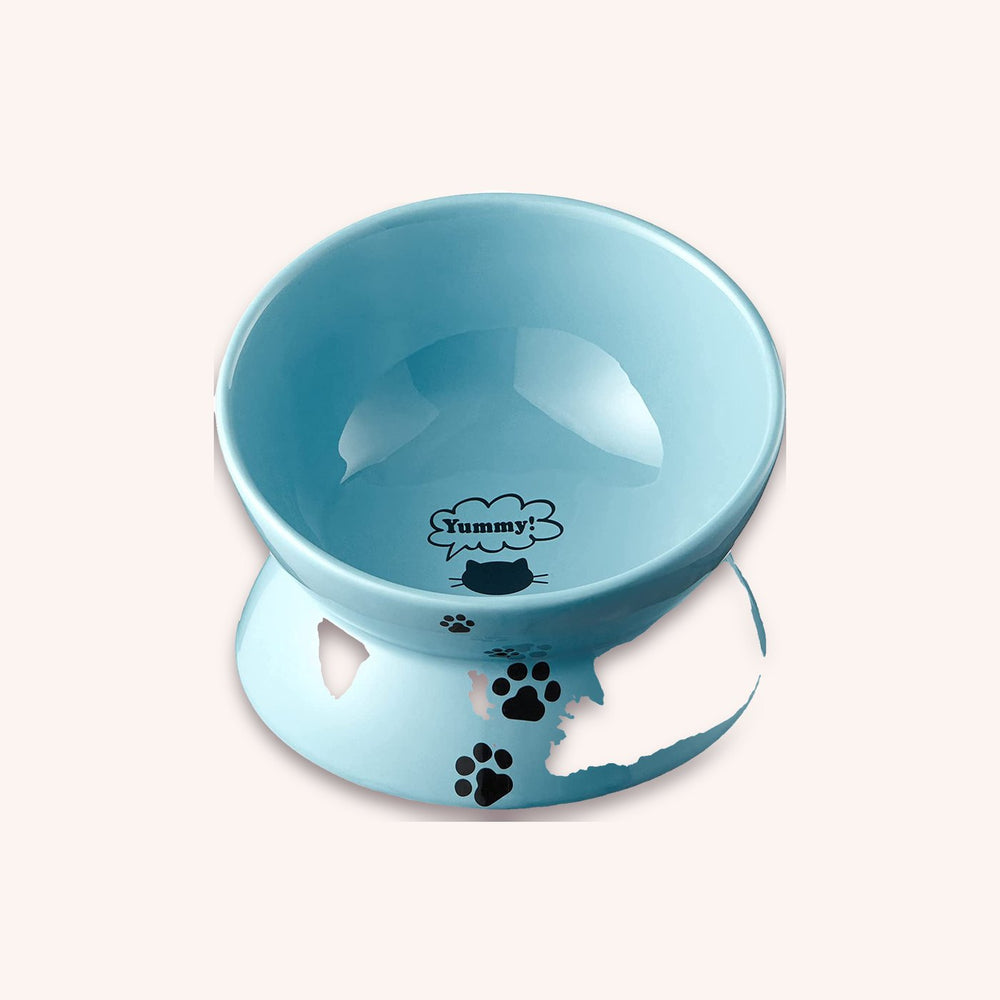 Tilted ceramic cat bowl, lake blue - momomoca