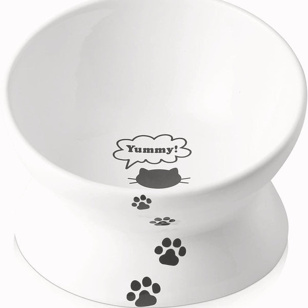 Tilted ceramic cat bowl, white - momomoca